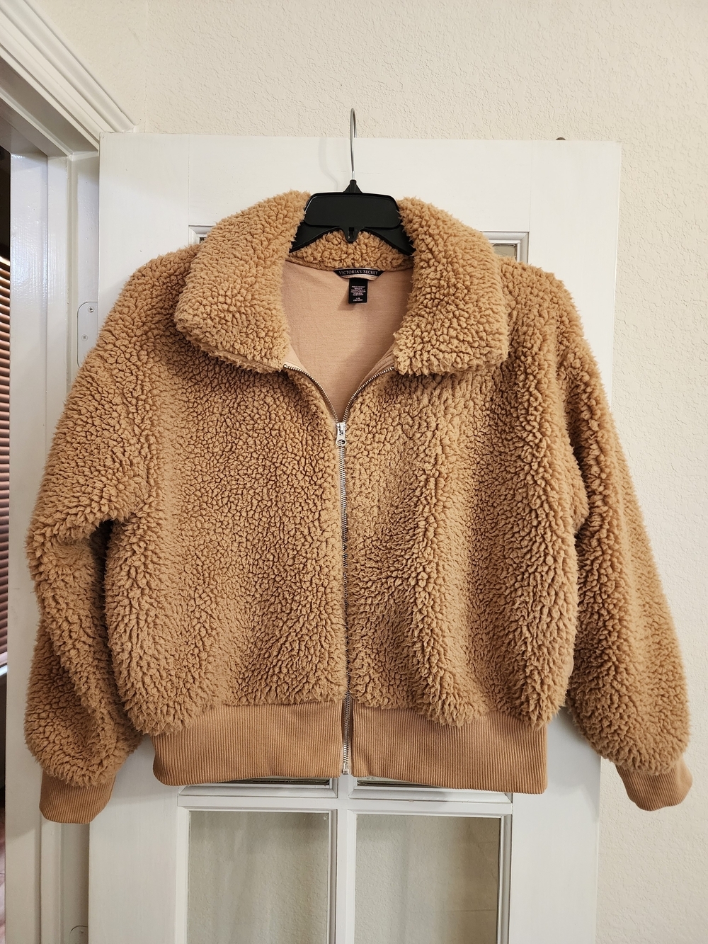 Victoria's Secret Teddy Sherpa Bomber Jacket Camel Large VS Logo Full Zip